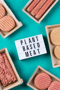 Variety of plant based meat, food to reduce carbon footprint Stock Photos