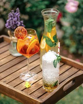 Variety of refreshing drinks in the garden Stock Photos