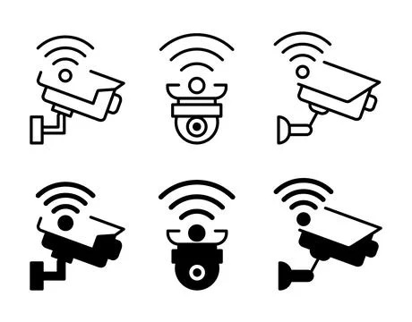 Variety of Security Camera Icons with Wireless Signal Design Elements Stock Illustration