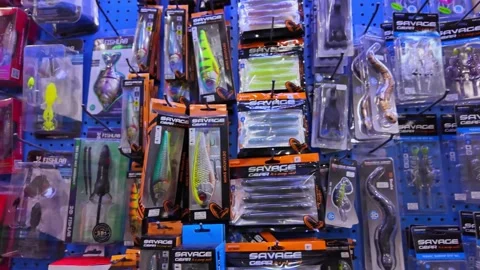 Variety of soft and hard plastic assortment of fishing lures and tackles on.. Stock Footage 311270977