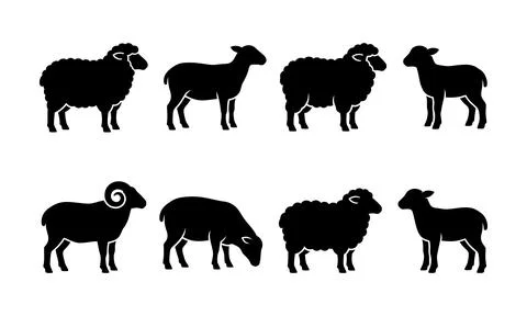A variety of standing sheep silhouettes in different poses Stock Illustration