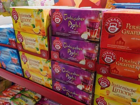 Variety of Tea Boxes Displayed on Shelf Stock Photos