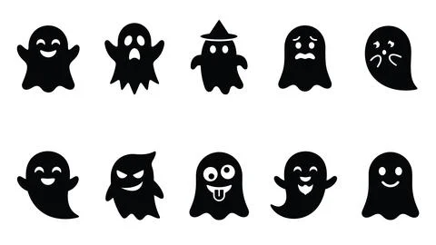 Variety of ten black ghost icons with different emotions and charming style.. Stock Illustration