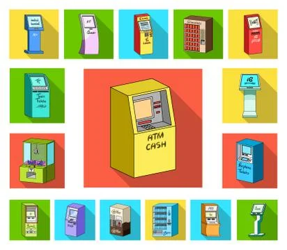 Variety of terminals flat icons in set collection for design. ATM and trading Stock Illustration