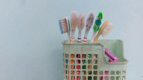 A variety of toothbrush options with different models and colors Stock Photos