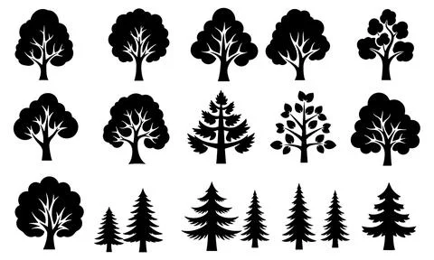 Variety of Tree Silhouettes Representing Forest Diversity and Natural Beauty Stock Illustration
