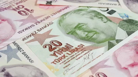 Variety Turkey lira notes slow rotating. Turkish money, currency. Low angle Stock Footage 103951558