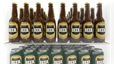 Various 3D beer containers on refrigerator shelve Stock Illustration