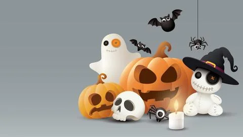 Various 3D cute Halloween elements with gray background graphic illustratio.. Stock Illustration