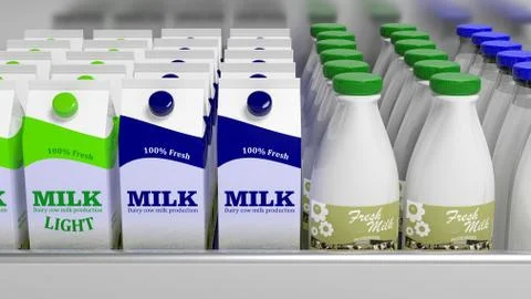 Various 3D milk containers on refrigerator shelve Stock Illustration