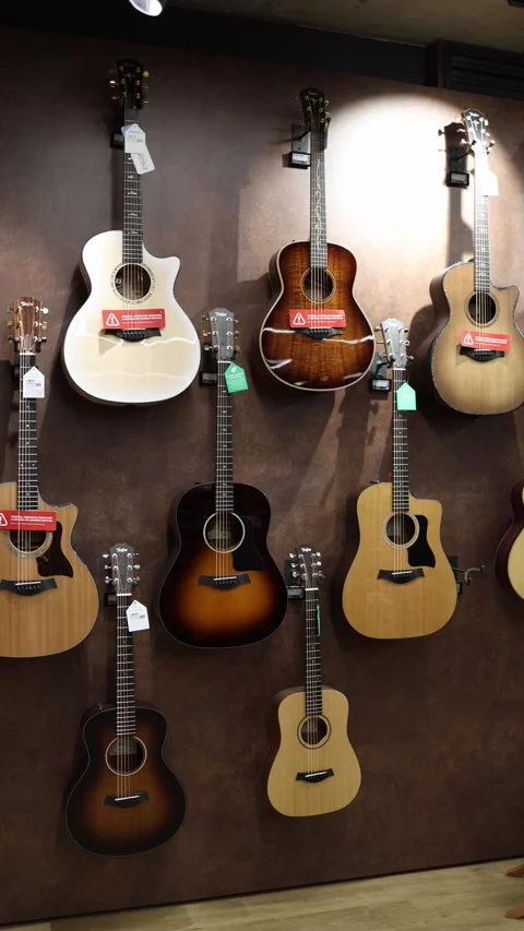 Various acoustic guitars displayed on a wall in a music store, showcasing differ Stock Footage 294702868