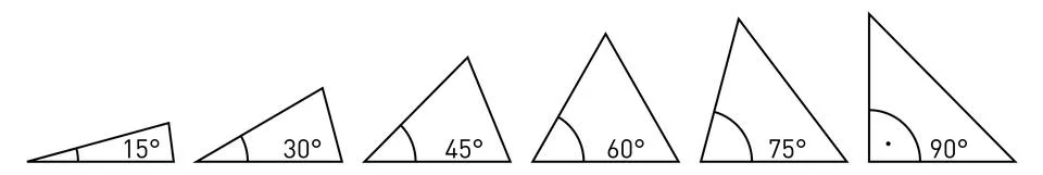 Various acute angles in triangle corners - values from 15 to 90 degrees Ilustración de archivo
