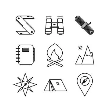 Various Adventure Thin Line Icon Design Stock Illustration
