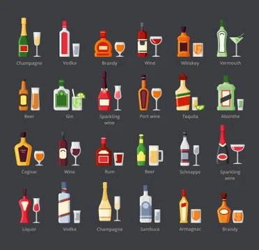 Various alcohol bottles with glasses flat icons set Stock-Illustration