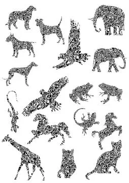 Various animals. Silhouettes of animals with texture. 库存插图