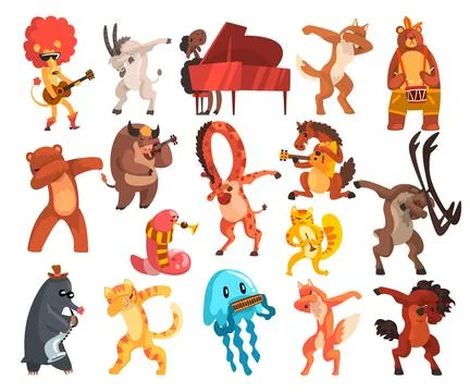 Various Animals Standing in Dub Dancing Pose and Playing Musical Instrument Big 스톡 일러스트