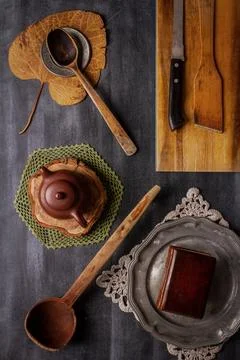 Various antique objects on black chalkboard background Stock Photos