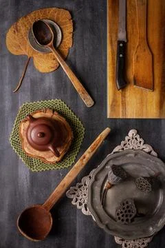 Various antique objects on black chalkboard background Stock Photos
