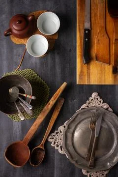 Various antique objects on black chalkboard background Stock Photos