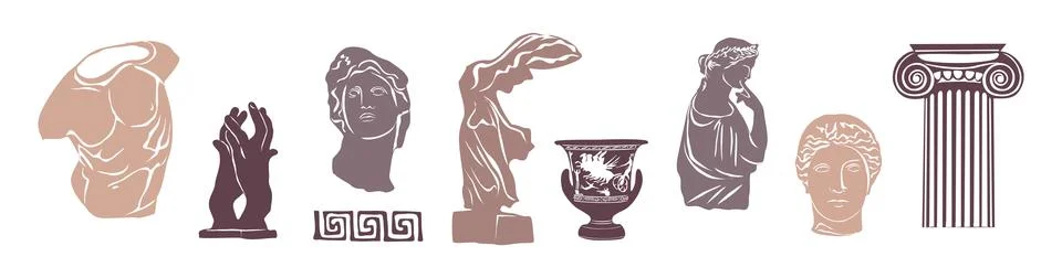 Various Antique statues. Vector illustrations isolated on white. Illustrazione stock