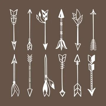 Various arrows for bow set. White weapons Indian tribes tribal natives ritual Stock-Illustration