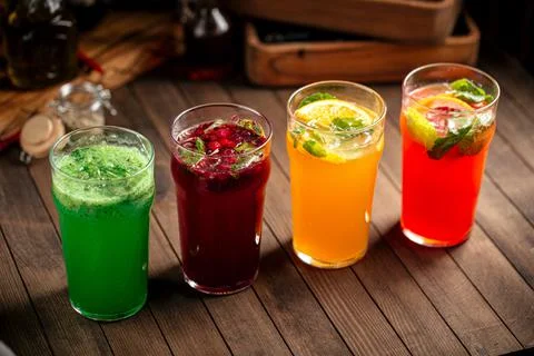Various assorted glasses of fruit lemonades Stock Photos