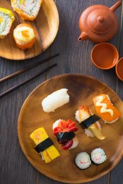 Various assorted sushi on a plate Stock Photos