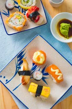 Various assorted sushi on a plate Stock Photos