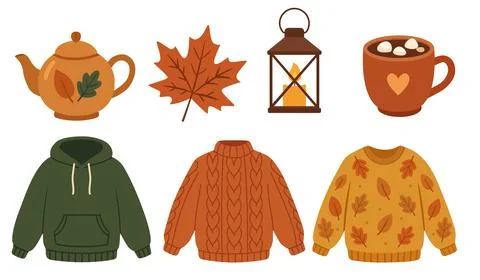 Various Autumn Items Such as Tea Pot, Leaf, Lantern, Mug and Sweaters Arran.. Stock Illustration