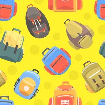 Various Backpacks or Rucksacks Seamless Pattern, School or Hiking Supplies Illustrazione stock