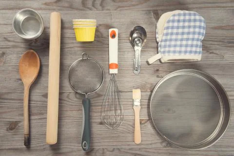 Various baking tools arrange from overhead view Stock Photos