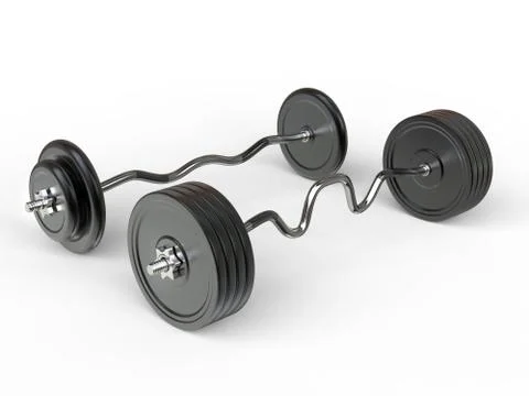 Various barbell weights with different bars and weight plates - 3D render Stock Illustration