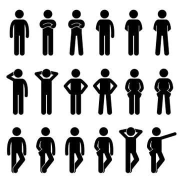 Various Basic Standing Human Man People Body Languages Poses Postures Stick Figu Stock Illustration