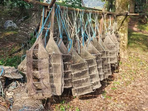 Various baskets, cast nets, traps for fishing shrimp and crabs Stock Photos