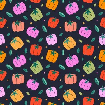 Various bell peppers, seamless pattern, sweet peppers on black background, hand Stock Illustration
