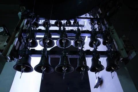 Various of bells inside of the bell tower of orthodox St Michaels Golden Domed Stock Photos