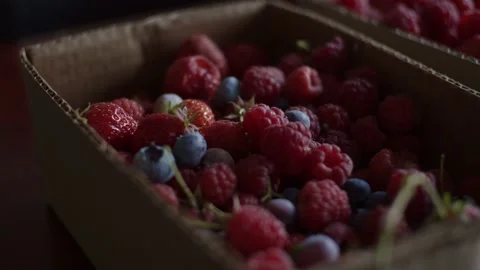 Various berries in cardboard box Stock Footage 138794870