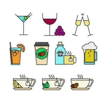 Various Beverages Menu Cafe Related Thin Line Icon Illustration Set Ilustração Stock