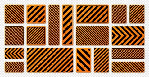 Various black and orange warning signs with diagonal lines. Attention, danger or Stock Illustration