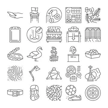 Various black and white line art icons depicting objects Stock Illustration