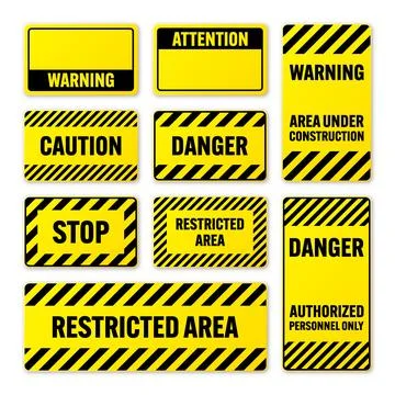 Various black and yellow warning signs with diagonal lines. Attention, danger or Stock Illustration