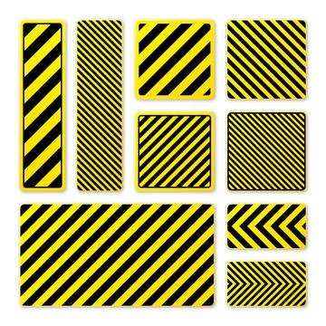 Various black and yellow warning signs with diagonal lines. Attention, danger or Stock Illustration