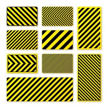 Various black and yellow warning signs with diagonal lines. Attention, danger or 스톡 일러스트
