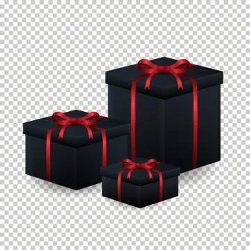 Various Black Gift Box with red ribbon and bow, over Transparent background Stock Illustration
