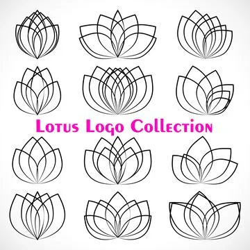 Various black linear lotus logo templates. Vector floral sketch collection. D Stock Illustration