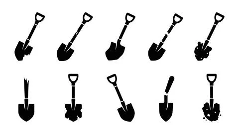 Various black shovel silhouettes for digging and construction themes Stock Illustration
