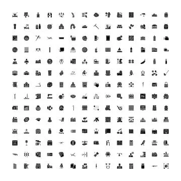 Various black silhouette icon collection set grid Ilustración de archivo