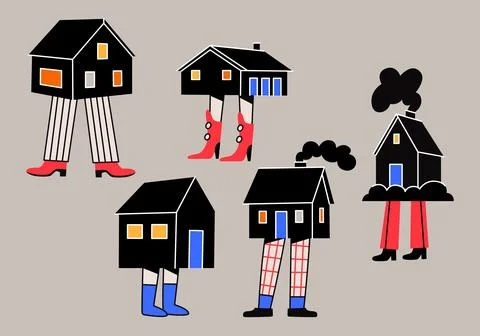 Various black small and tiny houses with human legs in cartoon comic style. Stock Illustration