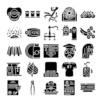 Various black solid glyph icons collection on white background Stock Illustration