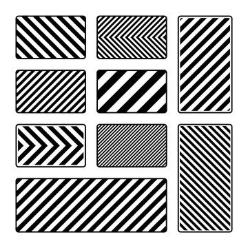 Various black warning signs with diagonal lines. Attention, danger or caution Stock Illustration